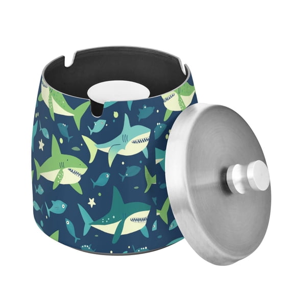 Yayeee Ashtray with Lid for Cigarette Smokeless Stainless Steel Home Ash Holder, Sharks Pattern