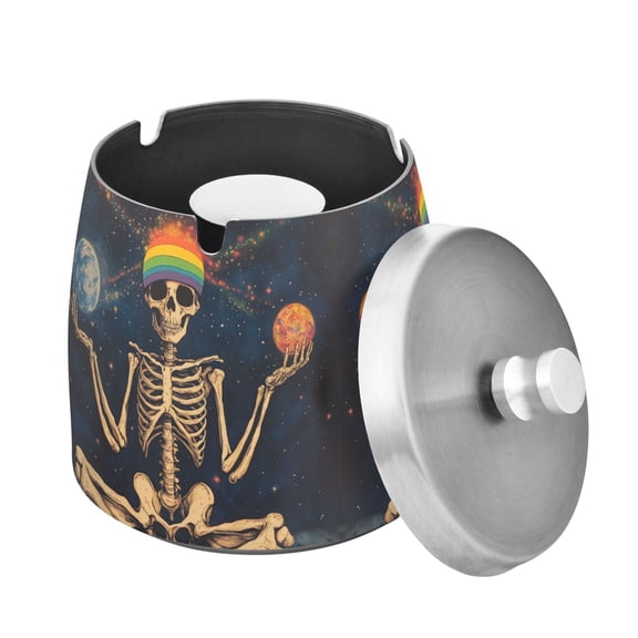 Yayeee Ashtray with Lid for Cigarette Smokeless Stainless Steel Home Ash Holder, Skeleton with Rainbow