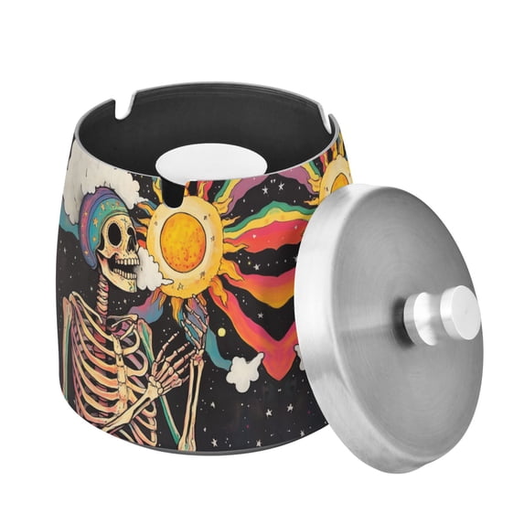 Yayeee Ashtray with Lid for Cigarette Smokeless Stainless Steel Home Ash Holder, Skeleton with Sun