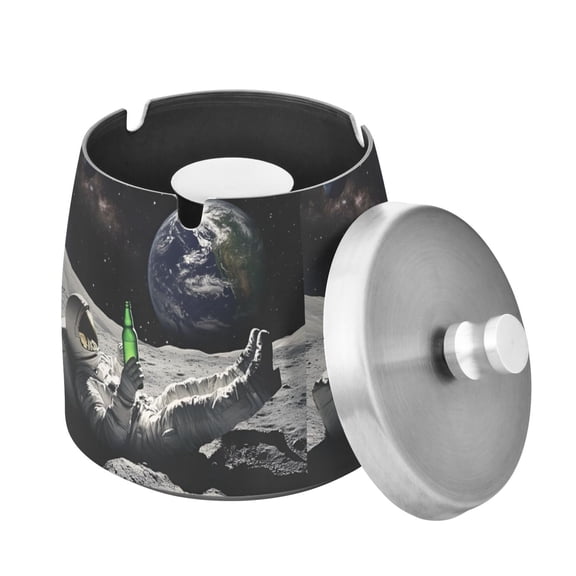 Yayeee Ashtray with Lid for Cigarette Smokeless Stainless Steel Home Ash Holder, Space Earth