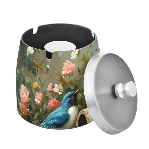 Yayeee Ashtray with Lid for Cigarette Smokeless Stainless Steel Home Ash Holder, Spring Birds