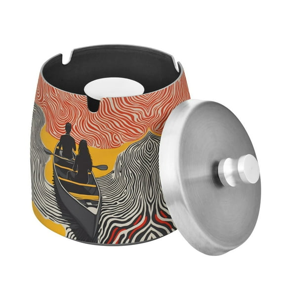 Yayeee Ashtray with Lid for Cigarette Smokeless Stainless Steel Home Ash Holder, Striped Boat