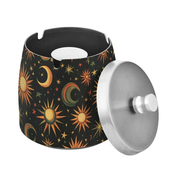 Yayeee Ashtray with Lid for Cigarette Smokeless Stainless Steel Home Ash Holder, Sun Moon and Stars Pattern
