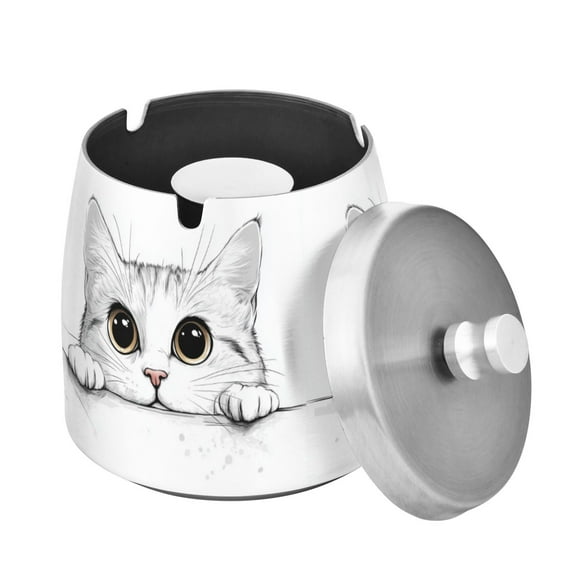 Yayeee Ashtray with Lid for Cigarette Smokeless Stainless Steel Home Ash Holder, White Cat