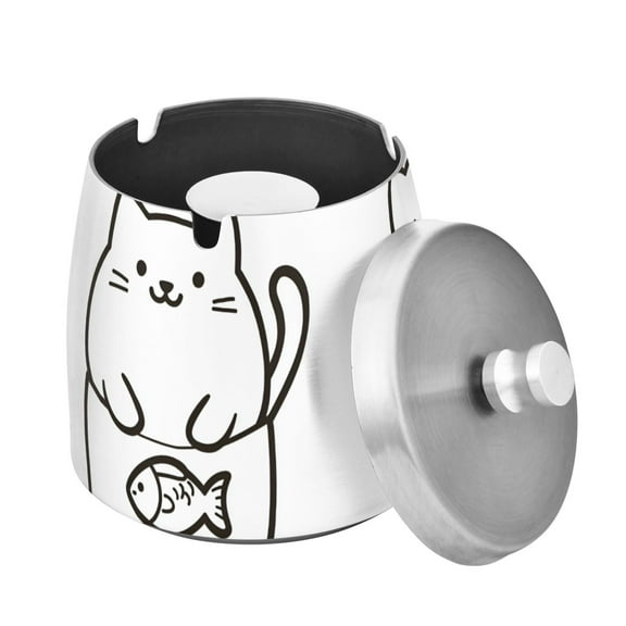 Yayeee Ashtray with Lid for Cigarette Smokeless Stainless Steel Home Ash Holder, White Chubby Cat