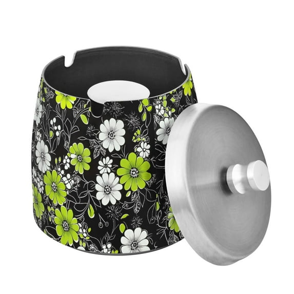 Yayeee Ashtray with Lid for Cigarette Smokeless Stainless Steel Home Ash Holder, White Flower Pattern