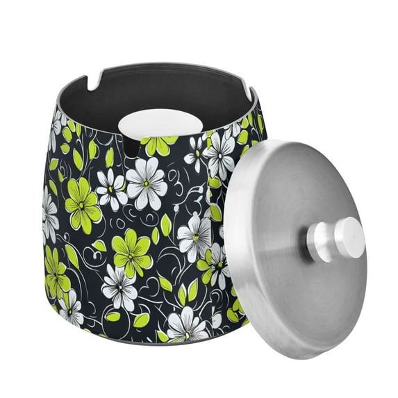 Yayeee Ashtray with Lid for Cigarette Smokeless Stainless Steel Home Ash Holder, White Flower Pattern