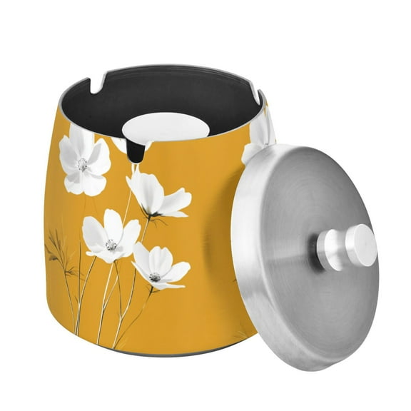 Yayeee Ashtray with Lid for Cigarette Smokeless Stainless Steel Home Ash Holder, White Flowers