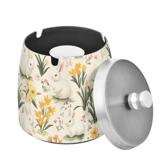 Yayeee Ashtray with Lid for Cigarette Smokeless Stainless Steel Home Ash Holder, White Rabbits