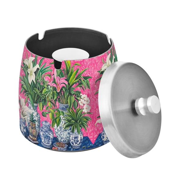Yayeee Ashtray with Lid for Cigarette Smokeless Stainless Steel Home Ash Holder, White Vibrant Flowers