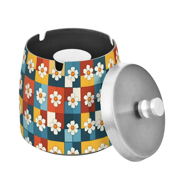 Yayeee Ashtray with Lid for Cigarette Smokeless Stainless Steel Home Ash Holder, Yellow Checkered Daisy