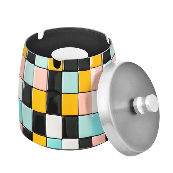 Yayeee Ashtray with Lid for Cigarette Smokeless Stainless Steel Home Ash Holder, Yellow Checkered Pattern