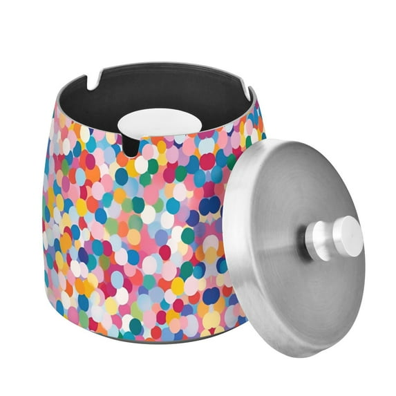 Yayeee Ashtray with Lid for Cigarette Smokeless Stainless Steel Home Ash Holder, Yellow Colorful Circles