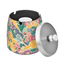 Yayeee Ashtray with Lid for Cigarette Smokeless Stainless Steel Home Ash Holder, Yellow Floral Wave