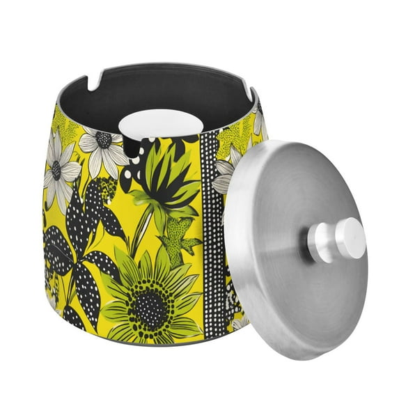 Yayeee Ashtray with Lid for Cigarette Smokeless Stainless Steel Home Ash Holder, Yellow Flowers
