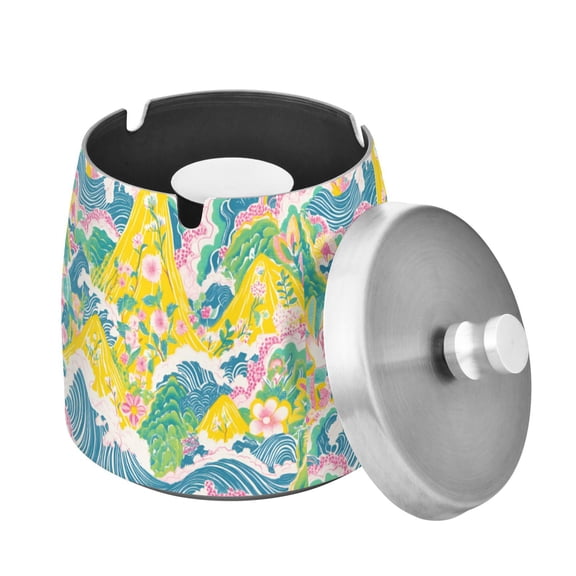 Yayeee Ashtray with Lid for Cigarette Smokeless Stainless Steel Home Ash Holder, Yellow Mountains