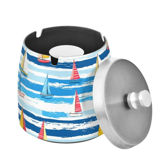 Yayeee Ashtray with Lid for Cigarette Smokeless Stainless Steel Home Ash Holder, Yellow Sailboats