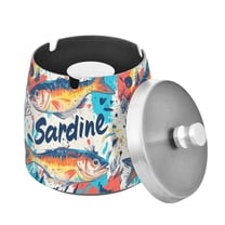 Yayeee Ashtray with Lid for Cigarette Smokeless Stainless Steel Home Ash Holder, Yellow Sardines Pattern