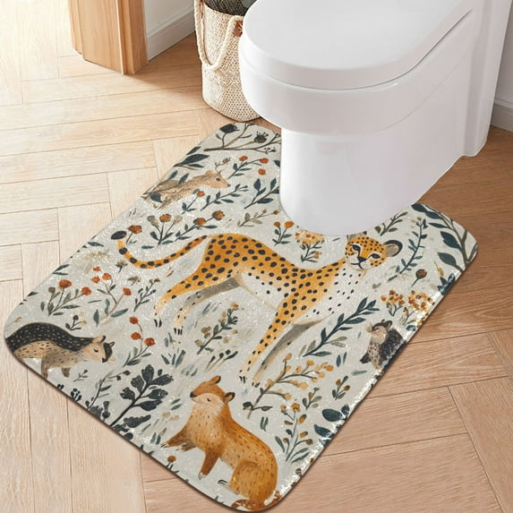 Yayeee Bath Rug for Bathroom Floor Non Slip Contour Fluffy Soft Absorbent Mat, 20"x24", Animals in A Forest Pattern