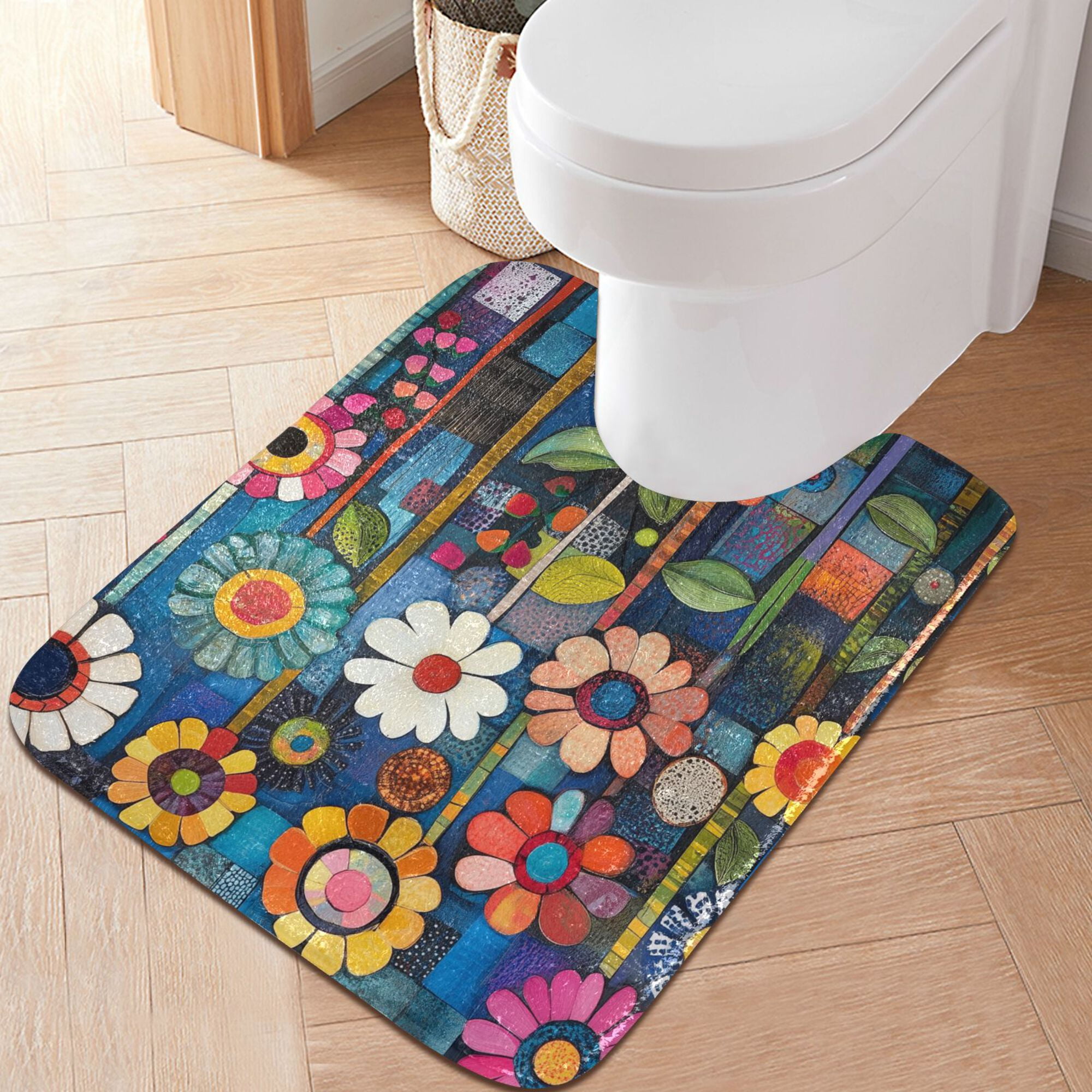 Yayeee Bath Rug for Bathroom Floor Non Slip Contour Fluffy Soft Absorbent Mat, 20"x24", Blue Colorful Flowers