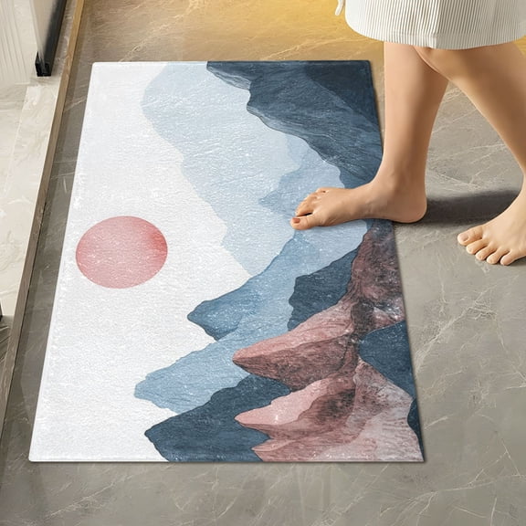 Yayeee Bath Rug for Bathroom Floor Non Slip Rectangle Fluffy Soft Absorbent Mat, 16"x24", Art Mountain and Sun Pattern