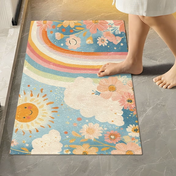 Yayeee Bath Rug for Bathroom Floor Non Slip Rectangle Fluffy Soft Absorbent Mat, 16"x24", Beige Rainbow Clouds