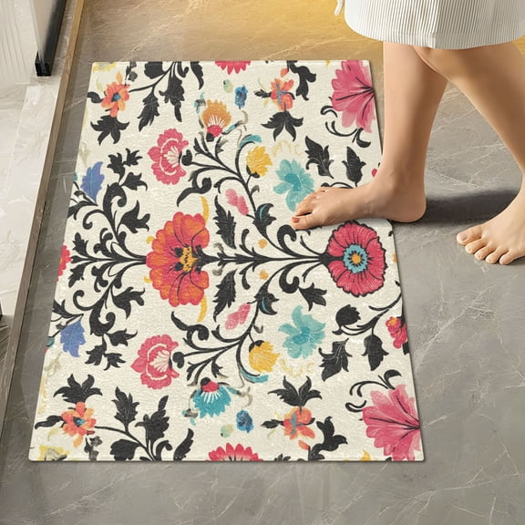 Yayeee Bath Rug for Bathroom Floor Non Slip Rectangle Fluffy Soft Absorbent Mat, 16"x24", Beige Red Floral