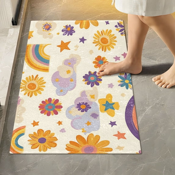 Yayeee Bath Rug for Bathroom Floor Non Slip Rectangle Fluffy Soft Absorbent Mat, 16"x24", Beige Retro Rainbow