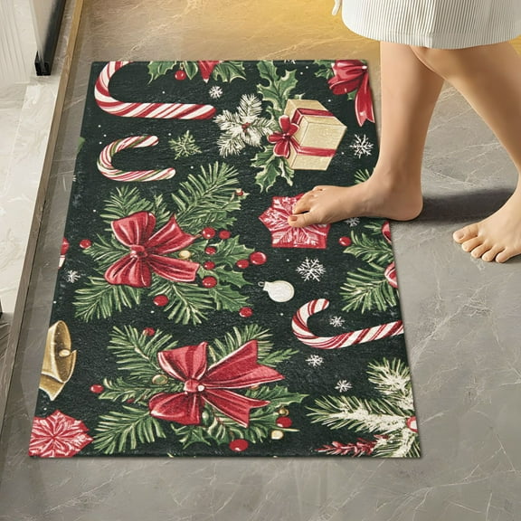 Yayeee Bath Rug for Bathroom Floor Non Slip Rectangle Fluffy Soft Absorbent Mat, 16"x24", Black Christmas Holly
