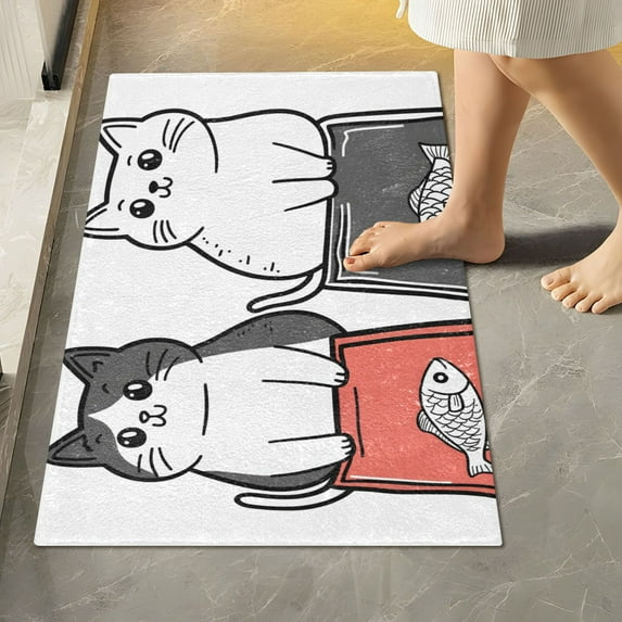 Yayeee Bath Rug for Bathroom Floor Non Slip Rectangle Fluffy Soft Absorbent Mat, 16"x24", Black Chubby Cat