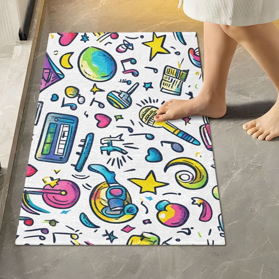 Yayeee Bath Rug for Bathroom Floor Non Slip Rectangle Fluffy Soft Absorbent Mat, 16"x24", Blue Doodle Pattern