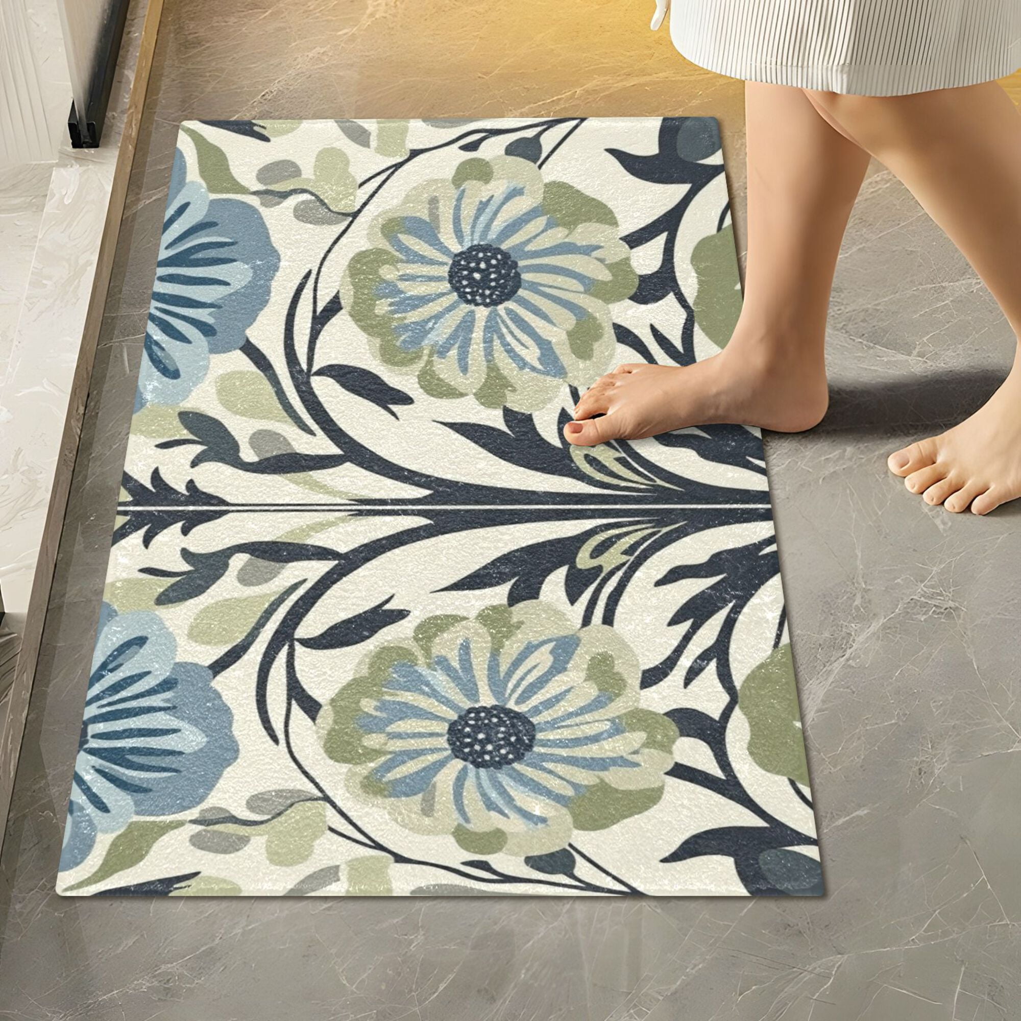 Yayeee Bath Rug for Bathroom Floor Non Slip Rectangle Fluffy Soft Absorbent Mat, 16"x24", Blue Floral Pattern