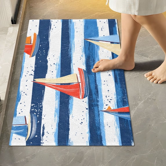 Yayeee Bath Rug for Bathroom Floor Non Slip Rectangle Fluffy Soft Absorbent Mat, 16"x24", Blue Sailboats