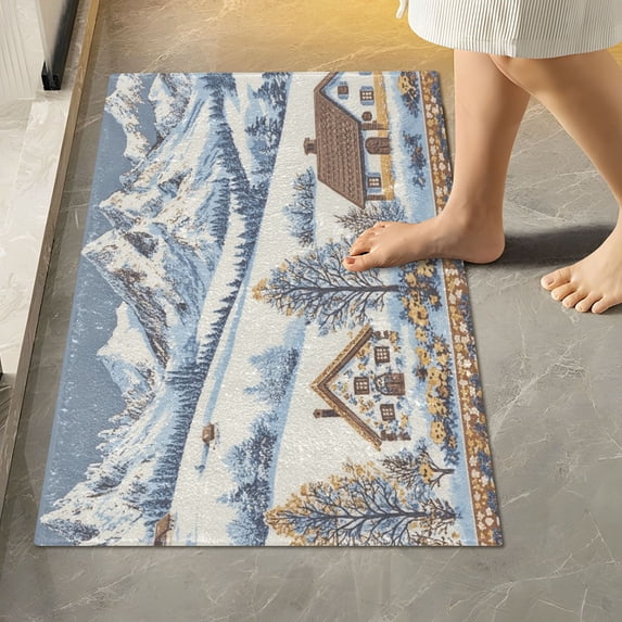 Yayeee Bath Rug for Bathroom Floor Non Slip Rectangle Fluffy Soft Absorbent Mat, 16"x24", Blue Snowy Mountain