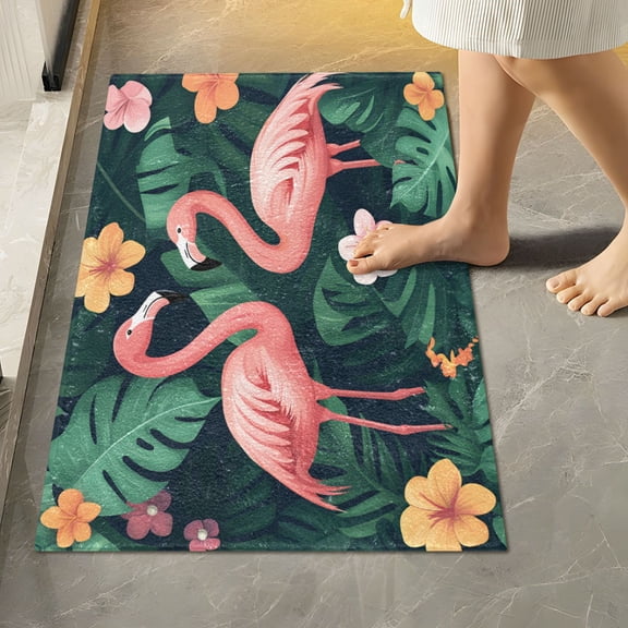 Yayeee Bath Rug for Bathroom Floor Non Slip Rectangle Fluffy Soft Absorbent Mat, 16"x24", Flamingo Leaves Pattern