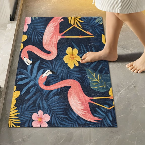 Yayeee Bath Rug for Bathroom Floor Non Slip Rectangle Fluffy Soft Absorbent Mat, 16"x24", Floral Flamingo