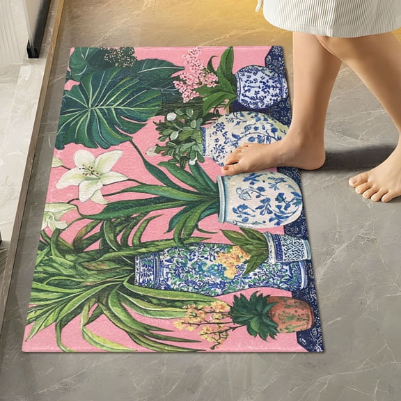 Yayeee Bath Rug for Bathroom Floor Non Slip Rectangle Fluffy Soft Absorbent Mat, 16"x24", Floral Vase
