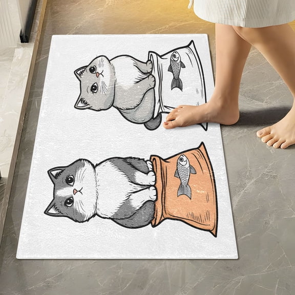 Yayeee Bath Rug for Bathroom Floor Non Slip Rectangle Fluffy Soft Absorbent Mat, 16"x24", Gray Cute Chubby Cat
