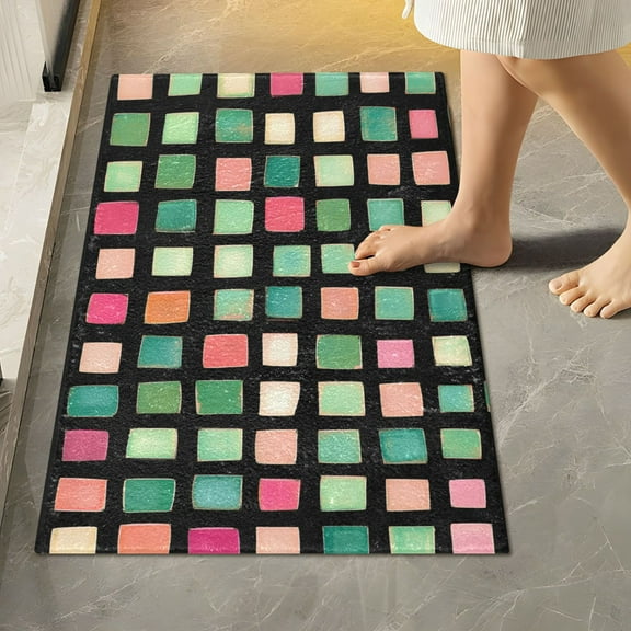 Yayeee Bath Rug for Bathroom Floor Non Slip Rectangle Fluffy Soft Absorbent Mat, 16"x24", Green Block Pattern