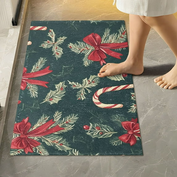 Yayeee Bath Rug for Bathroom Floor Non Slip Rectangle Fluffy Soft Absorbent Mat, 16"x24", Green Christmas Candy Canes