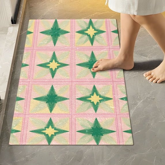 Yayeee Bath Rug for Bathroom Floor Non Slip Rectangle Fluffy Soft Absorbent Mat, 16"x24", Green Symmetrical Stars