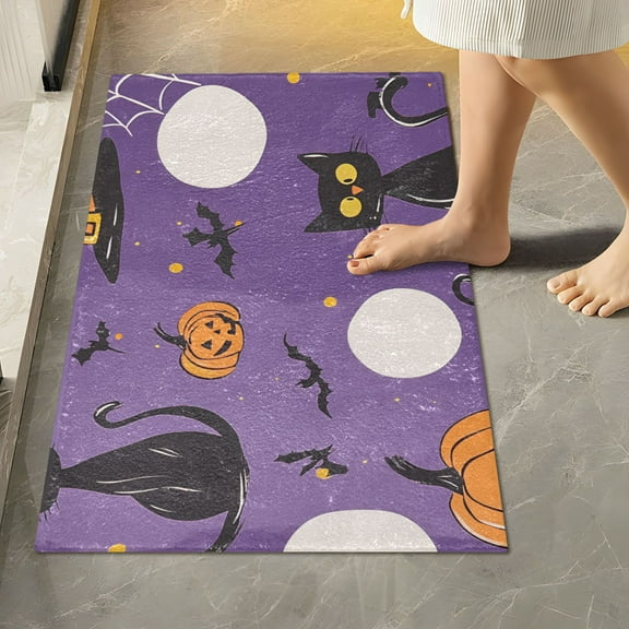 Yayeee Bath Rug for Bathroom Floor Non Slip Rectangle Fluffy Soft Absorbent Mat, 16"x24", Halloween Black Cat