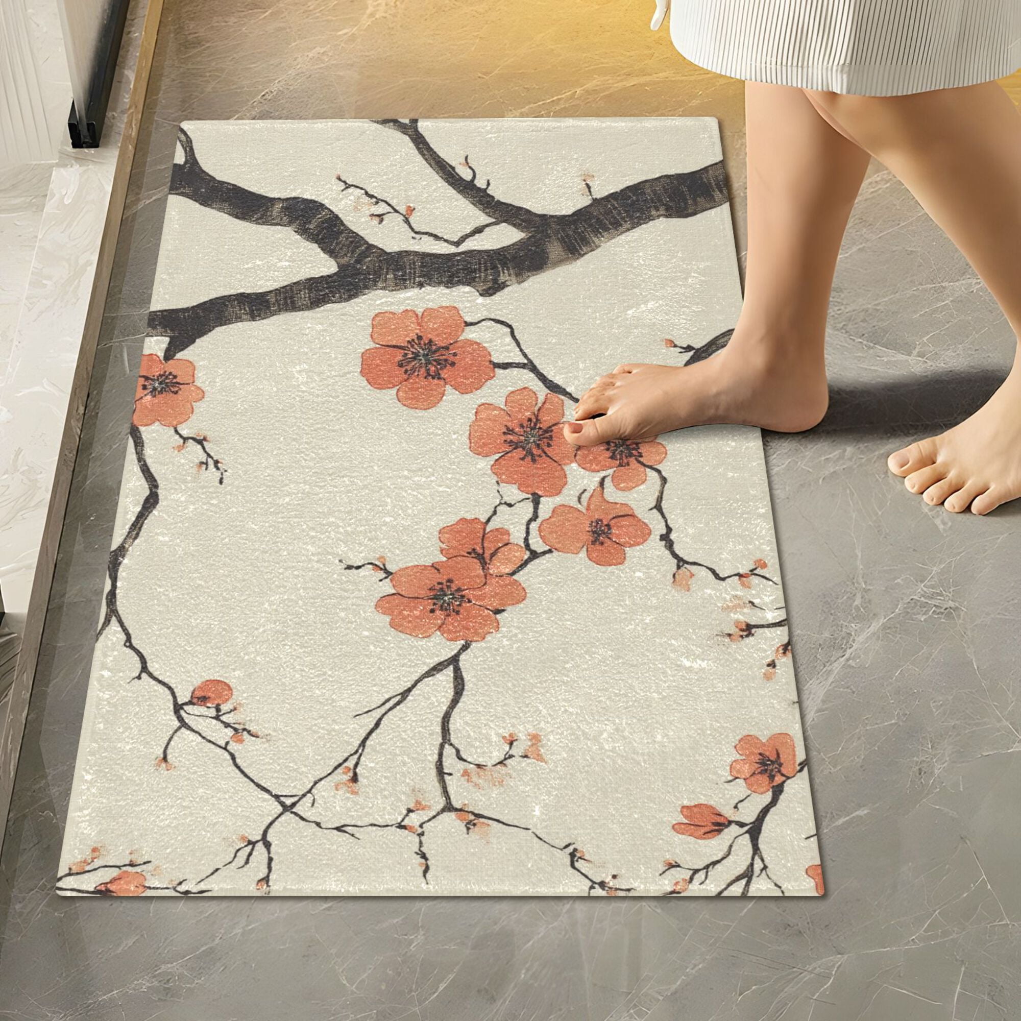 Yayeee Bath Rug for Bathroom Floor Non Slip Rectangle Fluffy Soft Absorbent Mat, 16"x24", Light Red Flowers