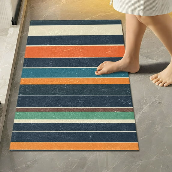 Yayeee Bath Rug for Bathroom Floor Non Slip Rectangle Fluffy Soft Absorbent Mat, 16"x24", Navy Blue Stripes