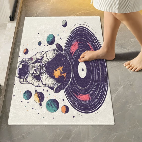 Yayeee Bath Rug for Bathroom Floor Non Slip Rectangle Fluffy Soft Absorbent Mat, 16"x24", Orange Astronaut Planet