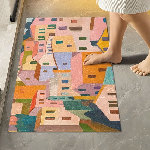 Yayeee Bath Rug for Bathroom Floor Non Slip Rectangle Fluffy Soft Absorbent Mat, 16"x24", Orange Cityscape Painting
