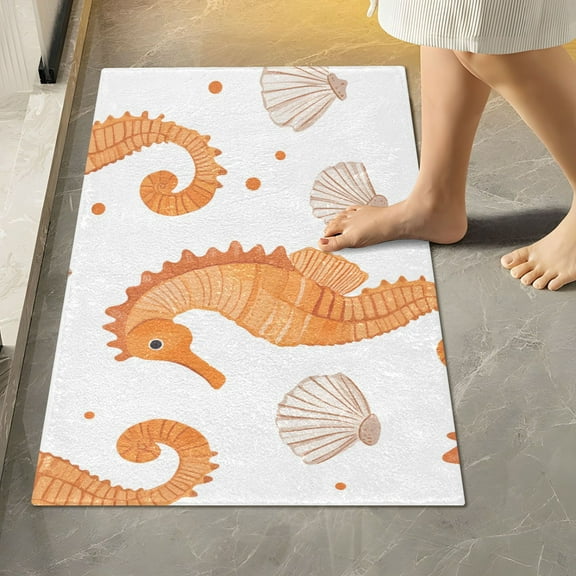Yayeee Bath Rug for Bathroom Floor Non Slip Rectangle Fluffy Soft Absorbent Mat, 16"x24", Orange Seahorse