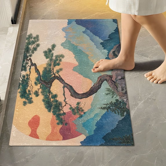 Yayeee Bath Rug for Bathroom Floor Non Slip Rectangle Fluffy Soft Absorbent Mat, 16"x24", Pine Tree at Dawn