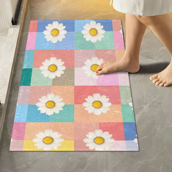 Yayeee Bath Rug for Bathroom Floor Non Slip Rectangle Fluffy Soft Absorbent Mat, 16"x24", Pink Checkered Daisy