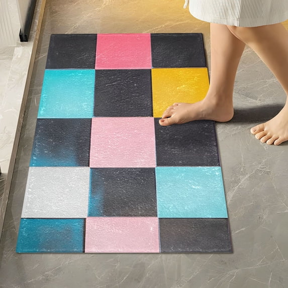 Yayeee Bath Rug for Bathroom Floor Non Slip Rectangle Fluffy Soft Absorbent Mat, 16"x24", Pink Checkered Pattern